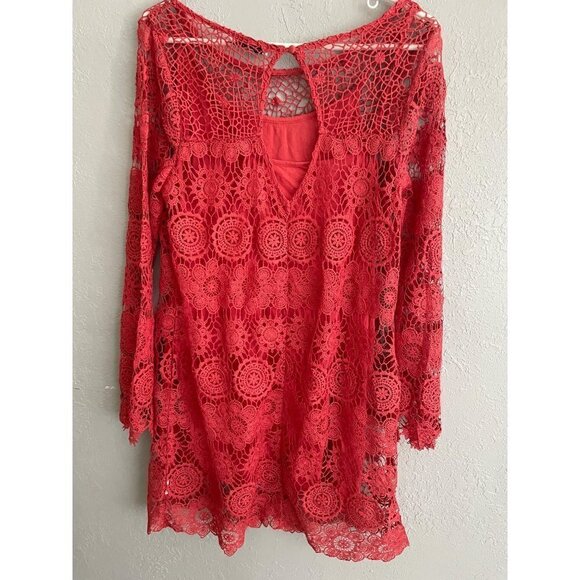 AMERICAN EAGLES OUTFITTER WOMENS BOHO CORAL Crochet LINNED SIZE LARGE LACE DRESS - Picture 5 of 10